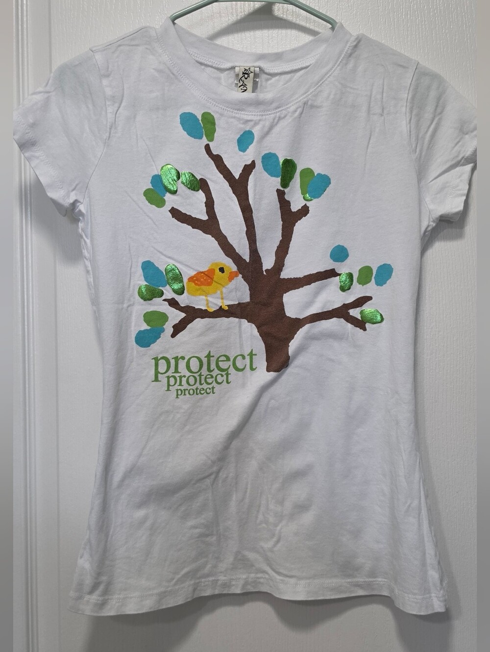 Ransom Protect White Tee with Brown Tree and Yellow Bird Graphic